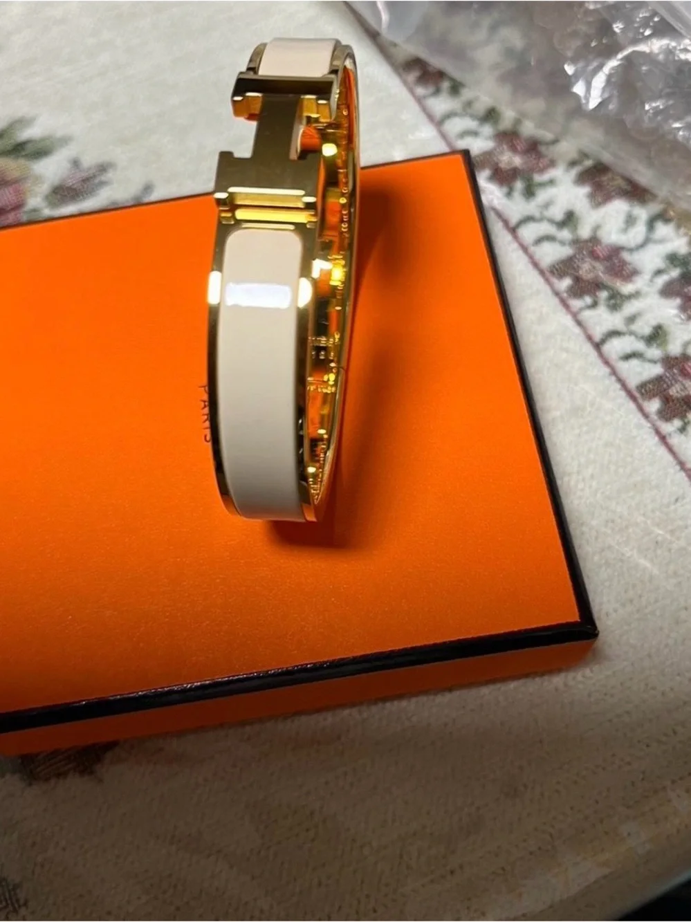 Hermes White Enamel Clic H Bracelet with Gold Hardware